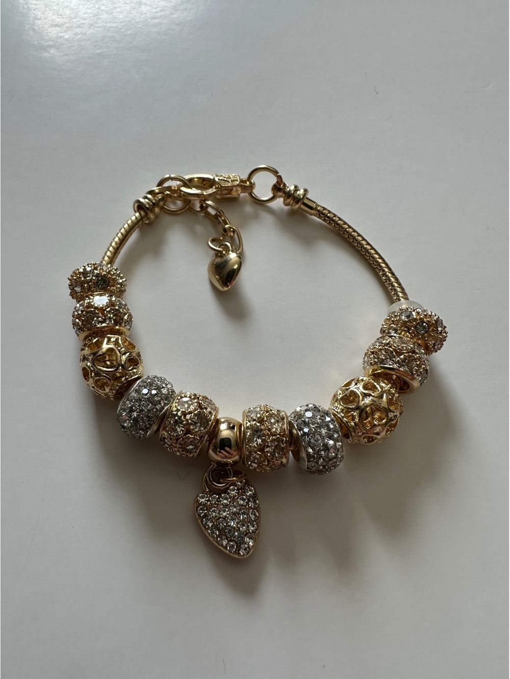 Gold Tone Crystal Pavé European Charm Bracelet Heart Dangle Beads Adjustable